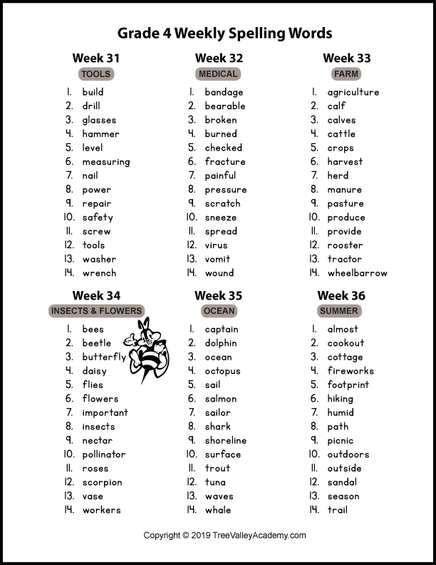 4th grade spelling words