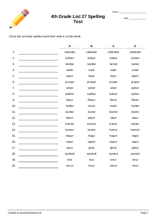 4th Grade List 27 Spelling Test - Spelling Test - Quickworksheets