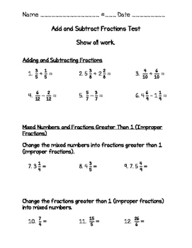 Fraction Test 4th Grade (Go Math) - Adding &  Sub, Mixed &  Improper ...