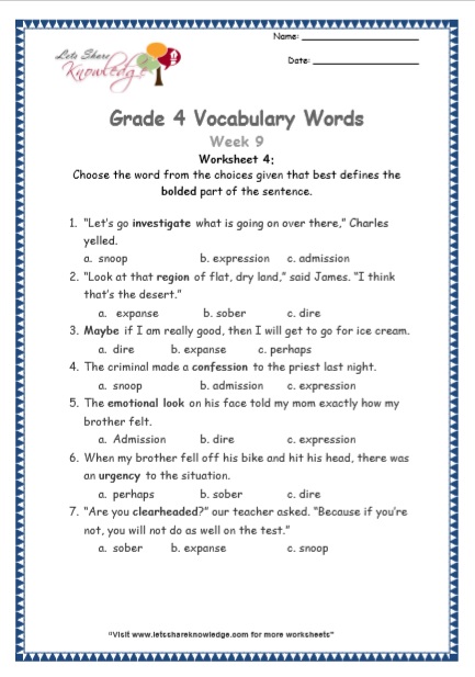 4th grade vocabulary words and definitions worksheet