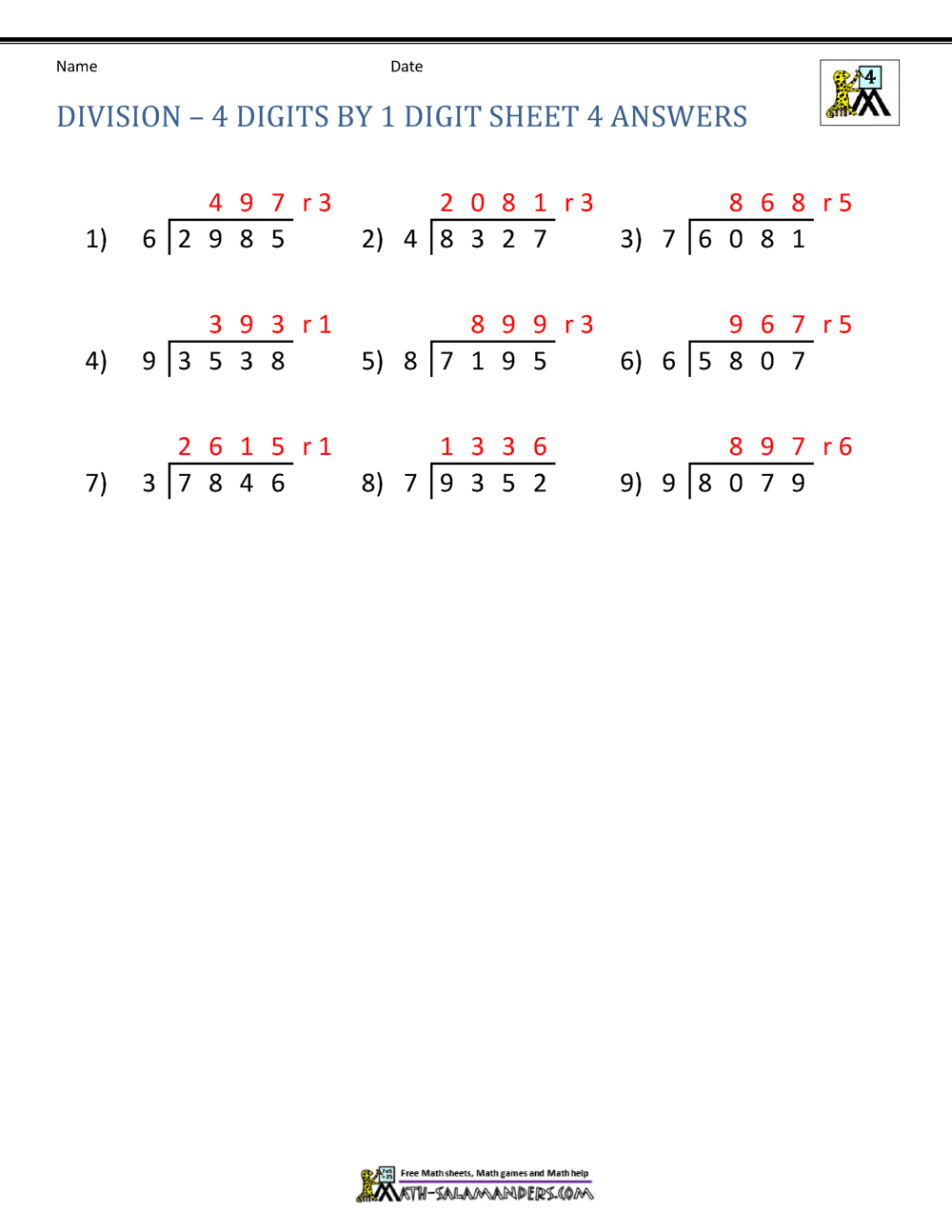 4th Grade Long Division Worksheets