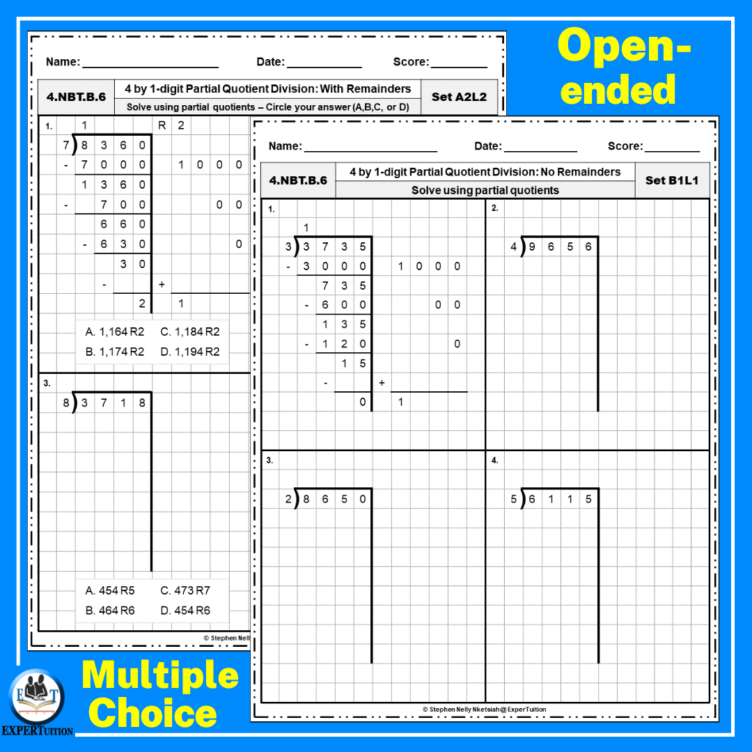 4 Digit by 1 Partial Quotients Division Grade 4 Worksheets ...