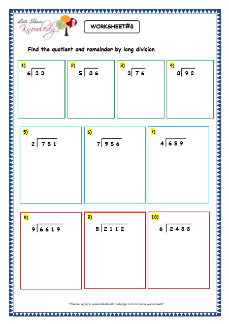 4th grade worksheet division with remainders
