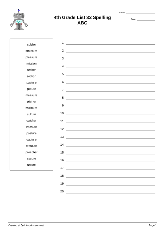 4th Grade List 32 Spelling ABC - Sort into Order Worksheet ...