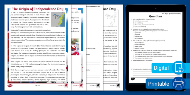 4th of july reading worksheet