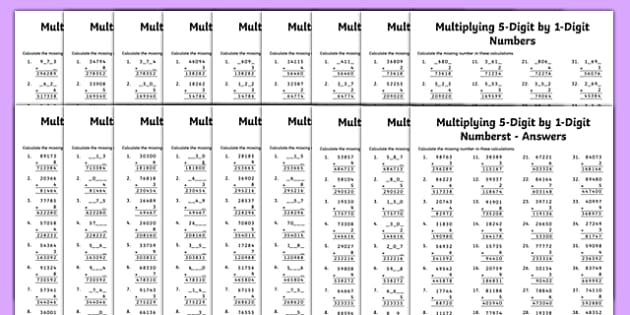 Multiplication 5-Digit x 1-Digit Missing Numbers Differentiated ...