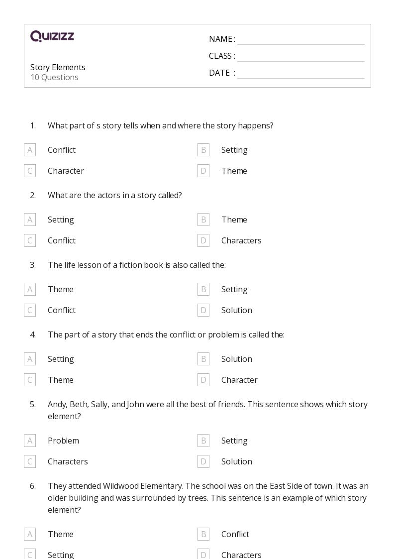 5 elements of a story worksheet
