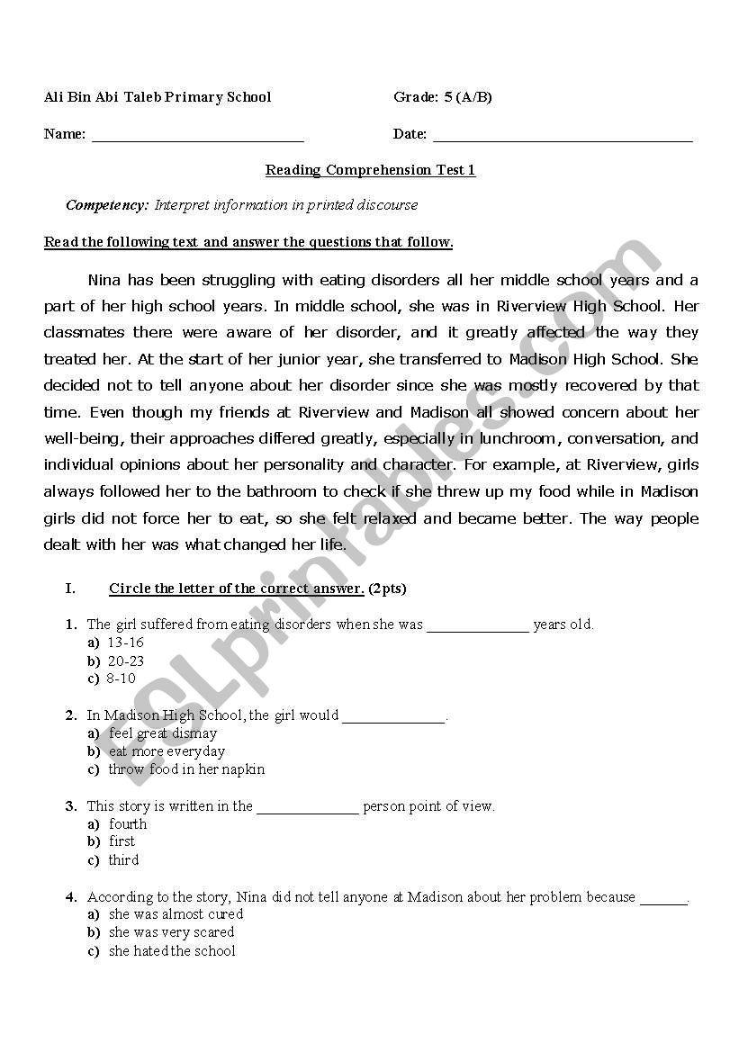 Reading Comprehension for grade 5 - ESL worksheet by Nanoushka