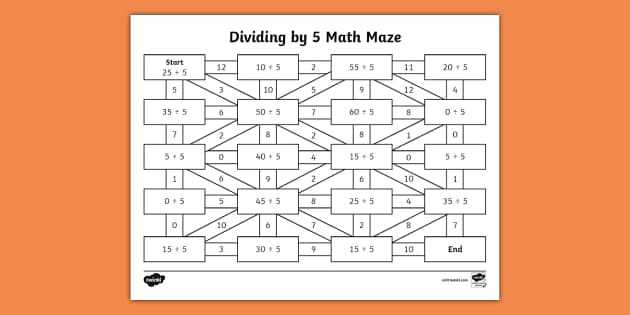 Dividing by 5 Math Maze Activity for 3rd-5th Grade - Twinkl