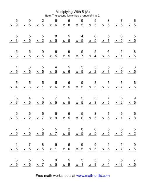 100 Vertical Questions -- Multiplication Facts -- 5 by 1-9 (A)