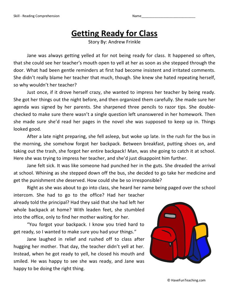 Reading Comprehension Worksheet - Getting Ready for Class