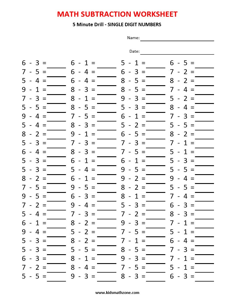 Subtraction 5 minute drill