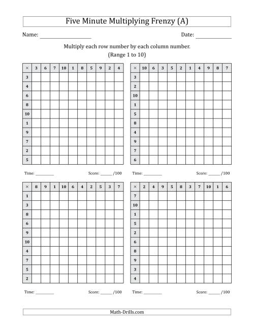 Five Minute Multiplying Frenzy (Factor Range 1 to 10) (4 Charts) (A)