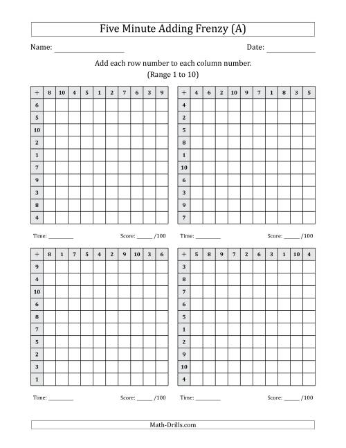Five Minute Adding Frenzy (Addend Range 1 to 10) (4 Charts) (A)