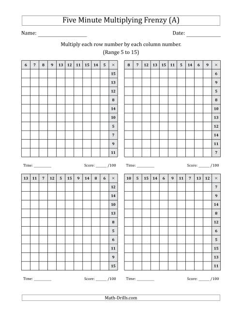 Five Minute Multiplying Frenzy (Factor Range 5 to 15) (4 Charts ...