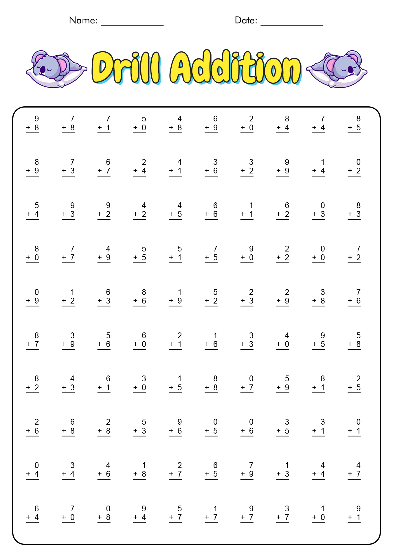 5 minute timed 100 addition worksheet