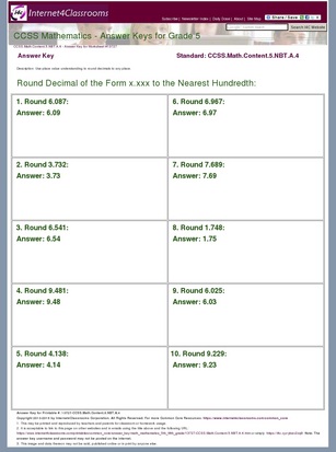 Answer Key Download - Worksheet #13727. CCSS.Math.Content.5.NBT.A.4
