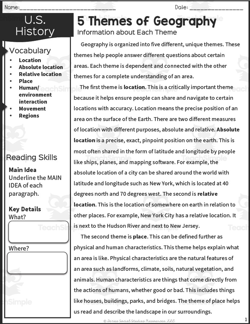 5 Themes of Geography Color by Number and Reading Passage Worksheets