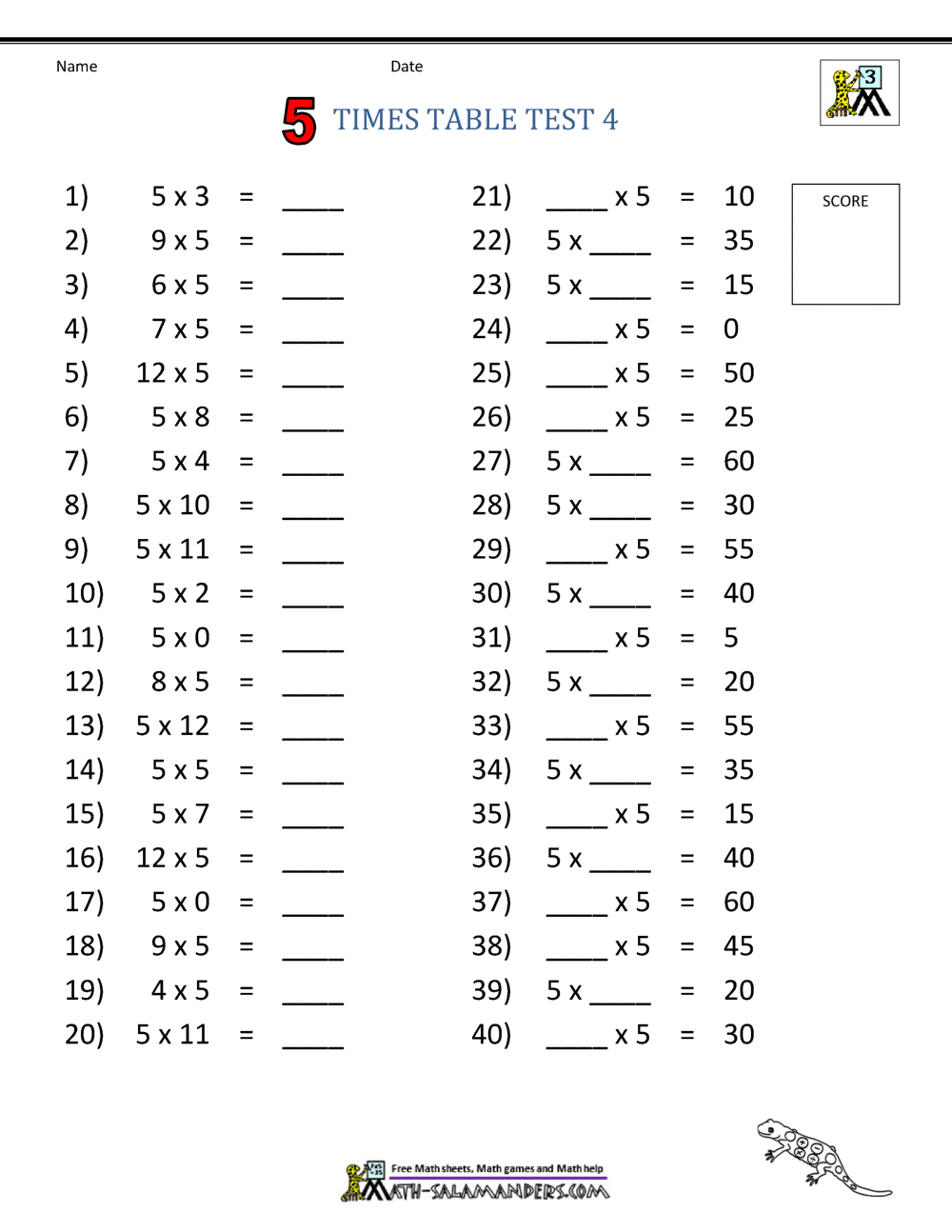 Times Table Math - 5 Times Table Sheets