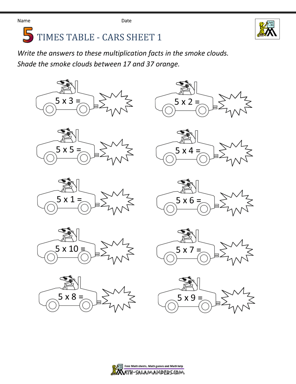5 times table multiplication worksheet