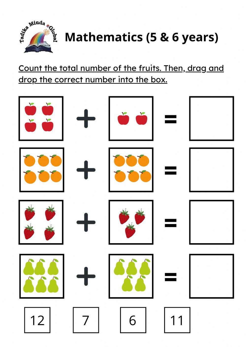 Mathematics 5 &  6 Years Old: Fruits 1 worksheet  