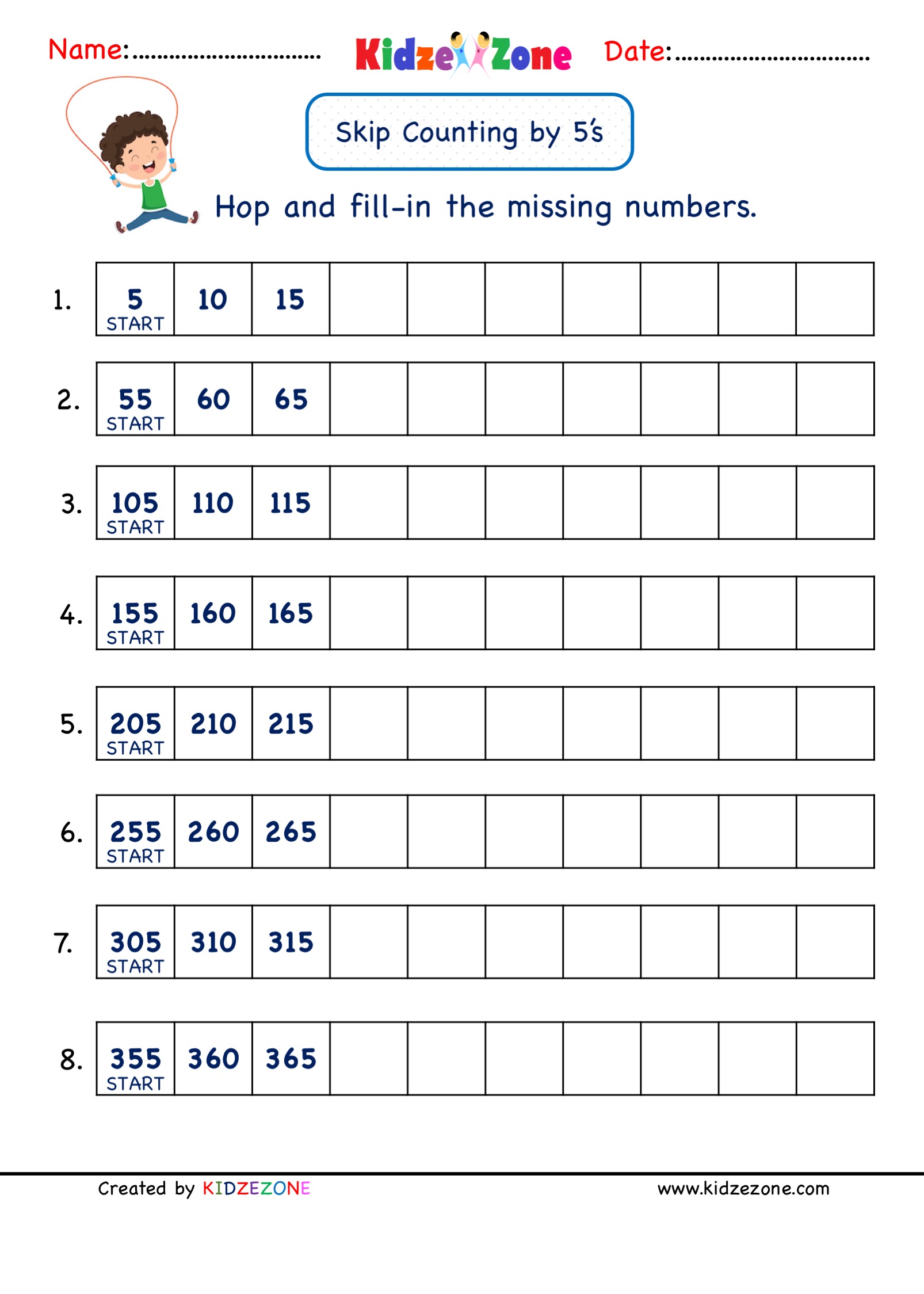 Grade 2 Math Number Practice worksheets - Skip Counting by 5