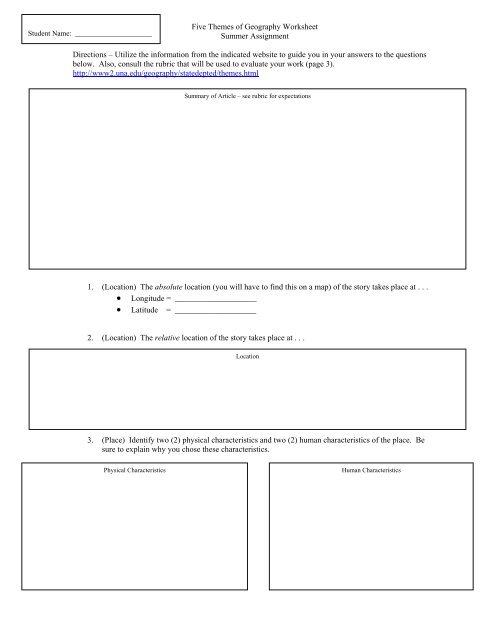Five Themes of Geography Worksheet - SchoolNotes