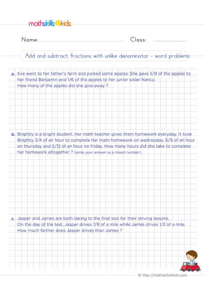 Adding and subtracting fractions worksheets for Grade 5