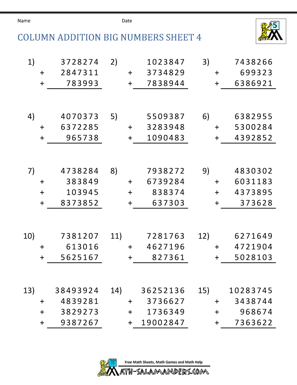 5th grade addition worksheet