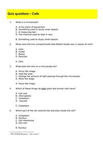 Quiz Questions - Cells Worksheet for 3rd - 5th Grade | Lesson Planet