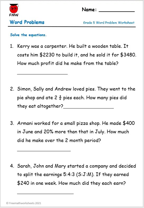 5th grade common core math word problems worksheet