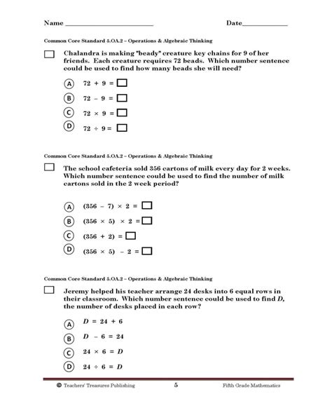 5th grade common core math word problems worksheet