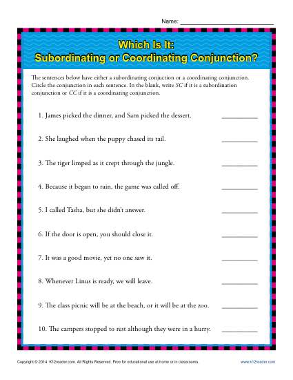 Subordinating or Coordinating Conjunctions? | 5th Grade Worksheeets