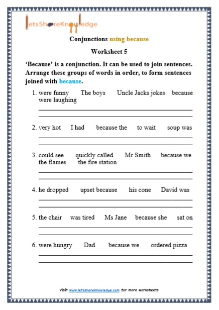 Grade 1 Grammar: Conjunctions using because printable worksheets ...