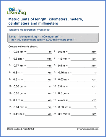 Grade 5 Math Worksheets: Convert metric lengths with decimals | Worsheets library...