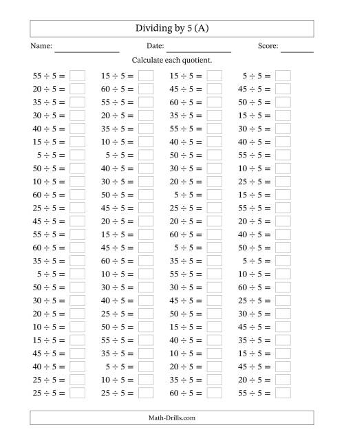 Horizontally Arranged Dividing by 5 with Quotients 1 to 12 (100 ...