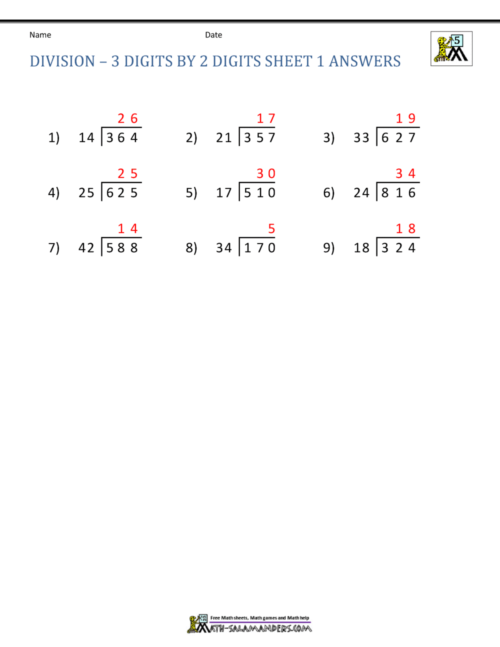 Long Division Worksheets for 5th Grade