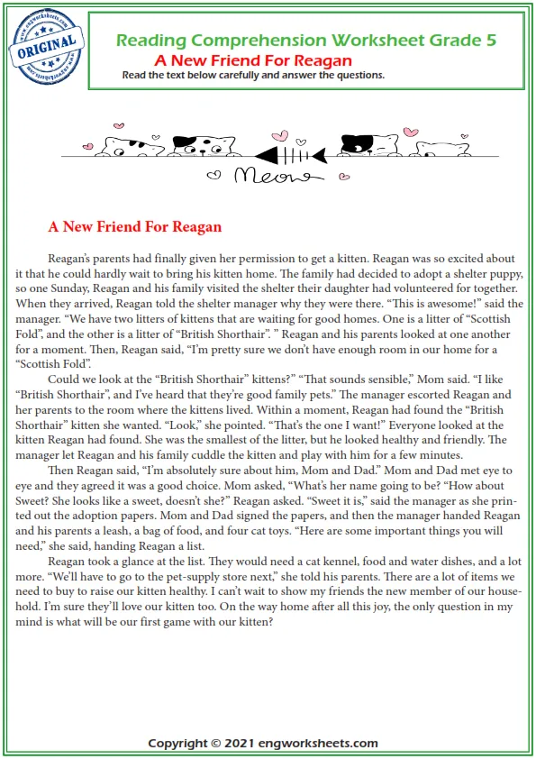 Free ESL Printable Grade 5 Reading Comprehension English ...