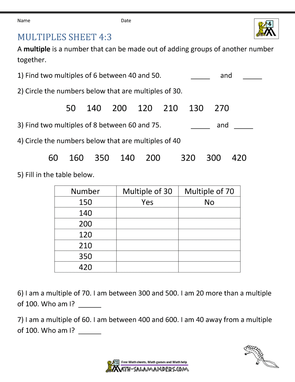 Factors and Multiples Worksheet