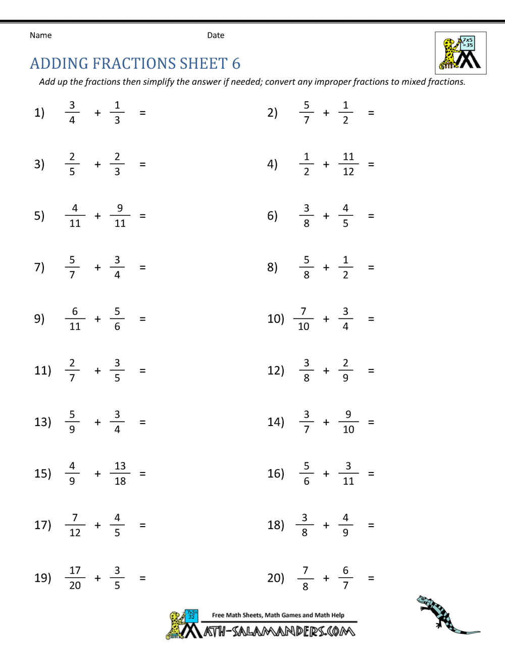 5th grade fraction addition worksheet