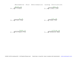 Decimals: Long Division 3 Worksheet for 5th - 8th Grade | Lesson ...