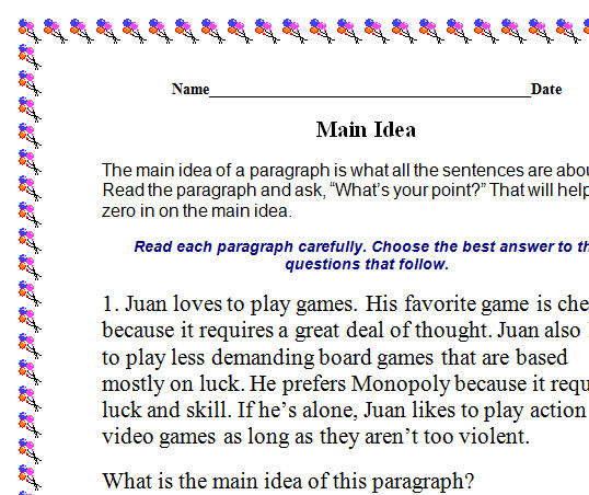 5th grade main idea worksheet