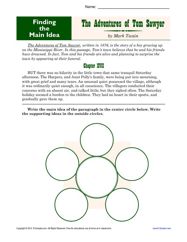 Middle School Main Idea Worksheet About Tom Sawyer