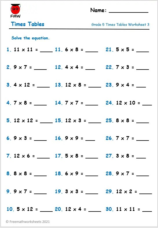 Grade 5 Times Tables Challenges | Free Printables | Worksheets