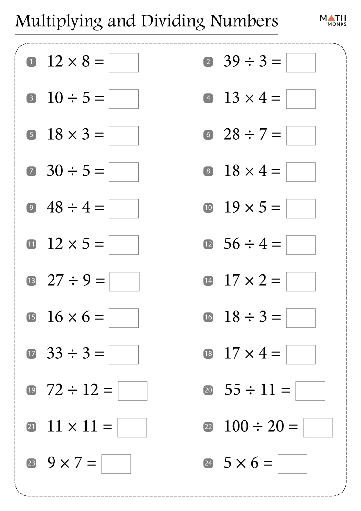 Multiplication and Division Worksheets with Answer Key