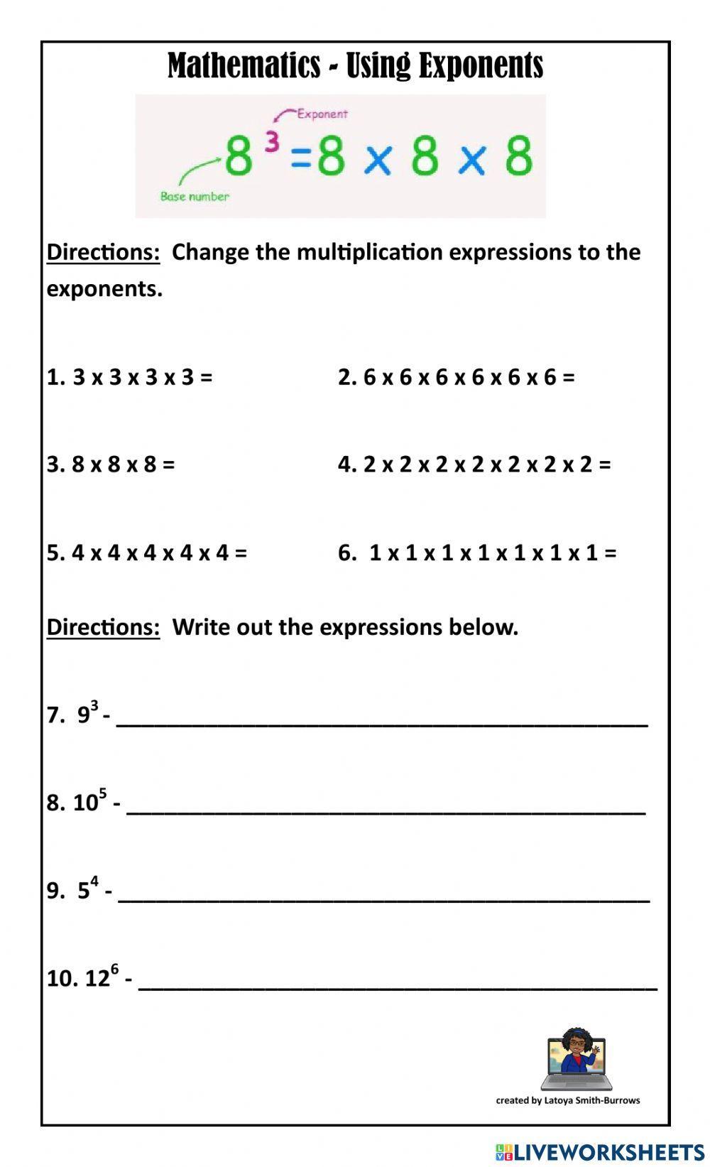 Exponents worksheet for 5-7  