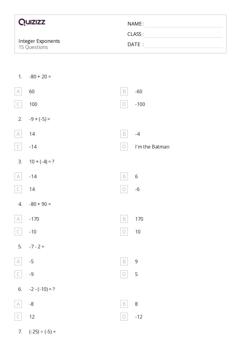 5th grade math exponents worksheet