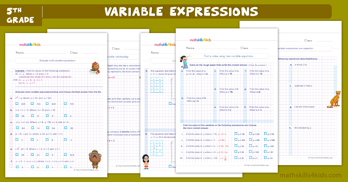 Grade 5 algebraic expressions up to 2 variables worksheets