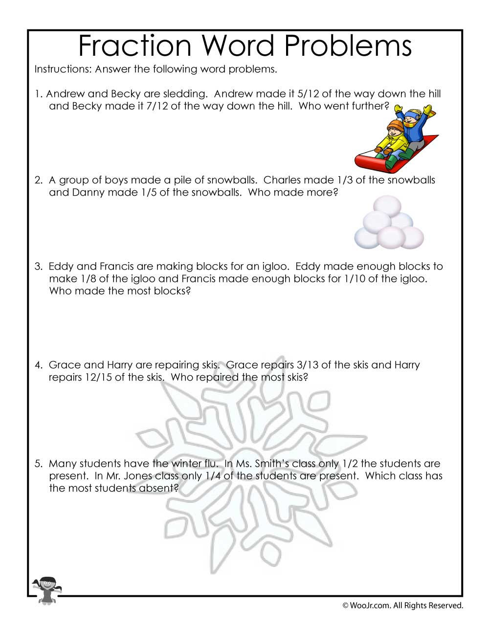 Winter Fractions Word Problems Worksheets for 3rd Grade | Woo! Jr ...