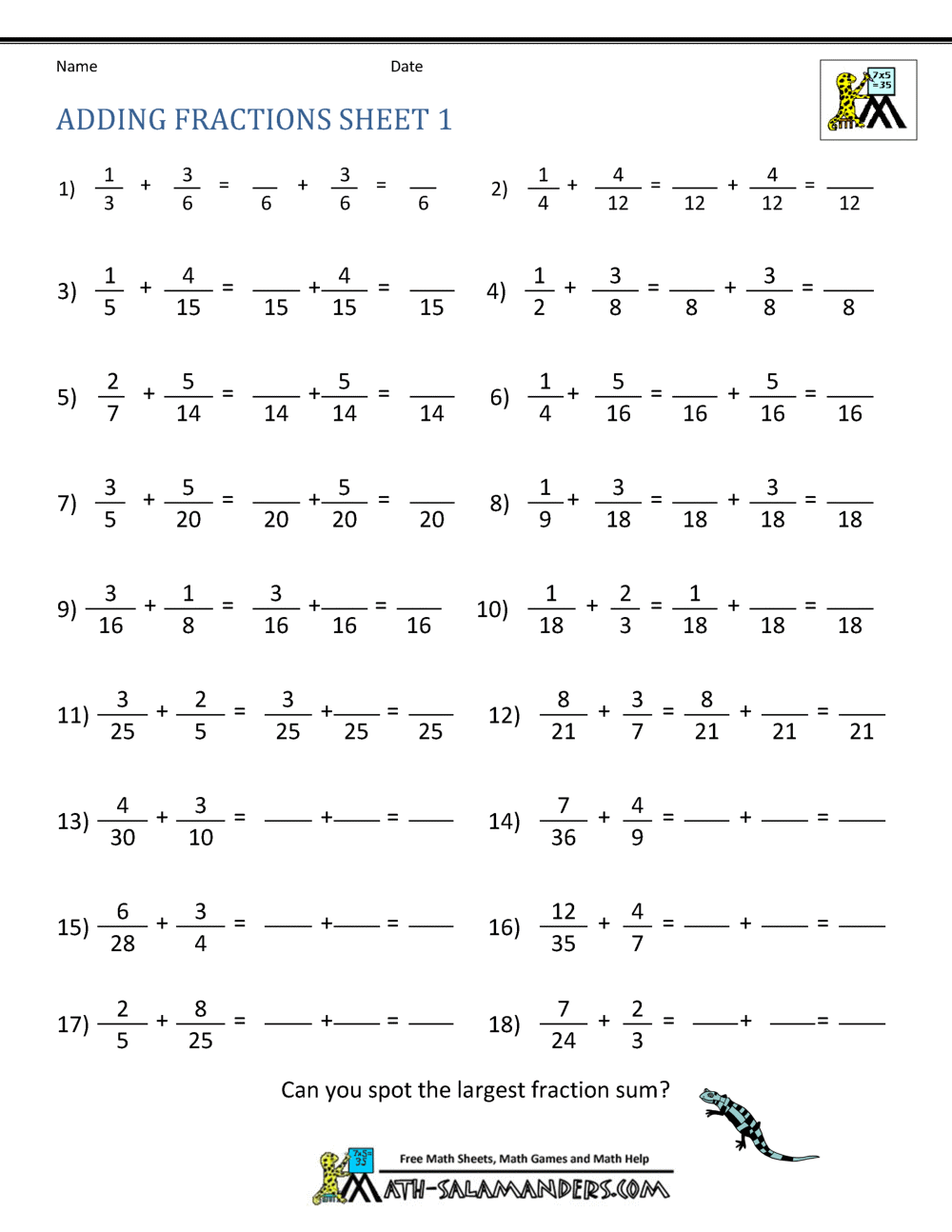 5th grade math fraction worksheet